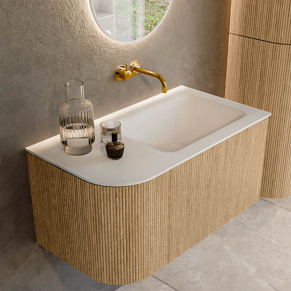 MONDIAZ KURVE 85cm mueble de baño curva Izquierda color Oak con 1 cajón y 1 puerta. Lavabo CLOUD Derecho sin orificio Talc. 1 MONDIAZ KURVE 85cm mueble de baño curva Izquierda color Oak con 1 cajón y 1 puerta. Lavabo CLOUD Derecho sin orificio Talc.