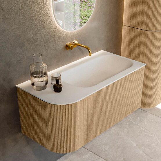 MONDIAZ KURVE 95cm mueble de baño curva Izquierda color Oak con 1 cajón y 1 puerta. Lavabo BIG SMALL Derecho sin orificio Talc.