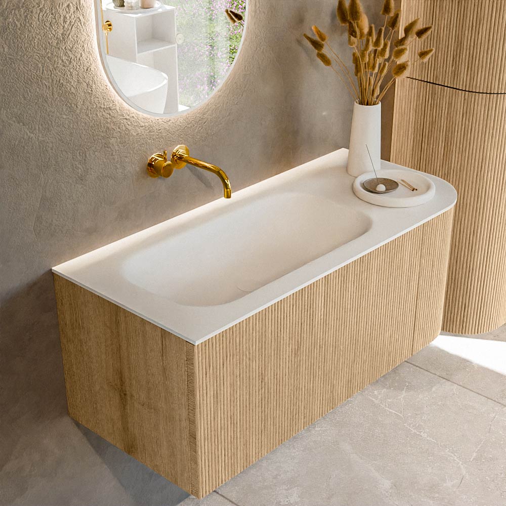 MONDIAZ KURVE 105cm mueble de baño curva Derecha color Oak con 1 cajón y 1 puerta. Lavabo BIG SMALL Izquierda sin orificio Talc. 1 MONDIAZ KURVE 105cm mueble de baño curva Derecha color Oak con 1 cajón y 1 puerta. Lavabo BIG SMALL Izquierda sin orificio Talc.