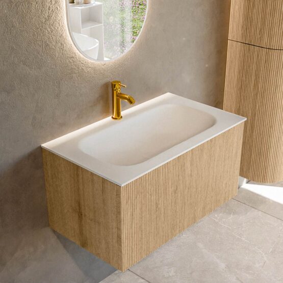 MONDIAZ KURVE 80cm mueble de baño  color Oak con 1 cajón y sin puerta. Lavabo BIG SMALL Centro 1 orificio Talc.