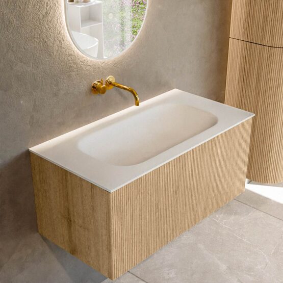 MONDIAZ KURVE 90cm mueble de baño  color Oak con 1 cajón y sin puerta. Lavabo BIG SMALL Centro sin orificio Talc.