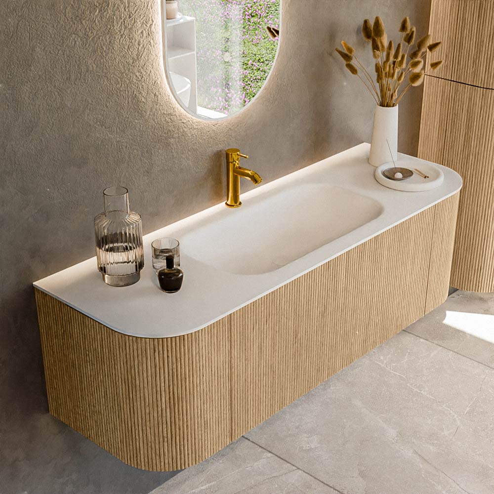 MONDIAZ KURVE 140cm mueble de baño curva Izquierda + Derecha color Oak con 1 cajón y 2 puertas. Lavabo BIG SMALL Centro 1 orificio Talc. 1 MONDIAZ KURVE 140cm mueble de baño curva Izquierda + Derecha color Oak con 1 cajón y 2 puertas. Lavabo BIG SMALL Centro 1 orificio Talc.