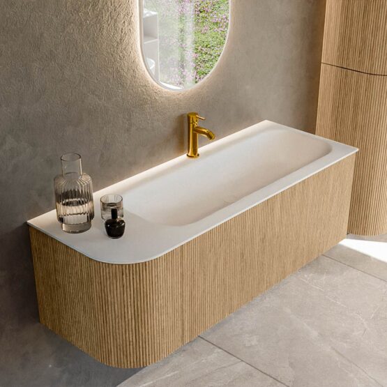 MONDIAZ KURVE 125cm mueble de baño curva Izquierda color Oak con 1 cajón y 1 puerta. Lavabo BIG MEDIUM Derecho 1 orificio Talc.