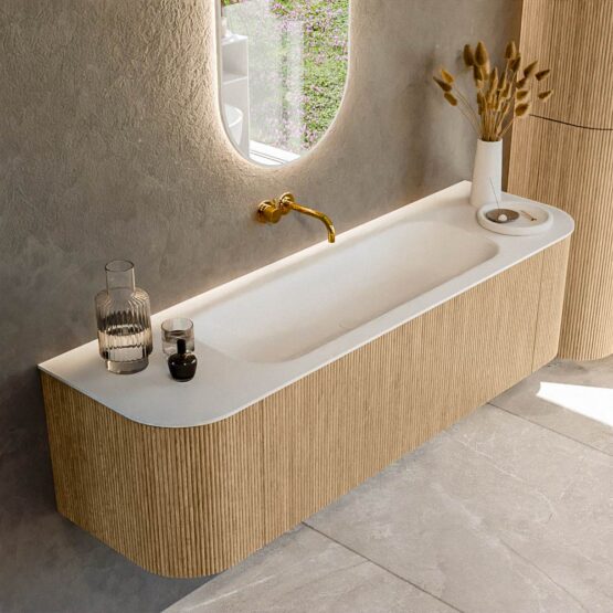 MONDIAZ KURVE 160cm mueble de baño curva Izquierda + Derecha color Oak con 1 cajón y 2 puertas. Lavabo BIG MEDIUM Centro sin orificio Talc.