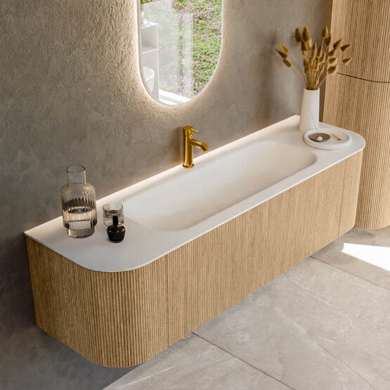MONDIAZ KURVE 160cm mueble de baño curva Izquierda + Derecha color Oak con 1 cajón y 2 puertas. Lavabo BIG MEDIUM Centro 1 orificio Talc.