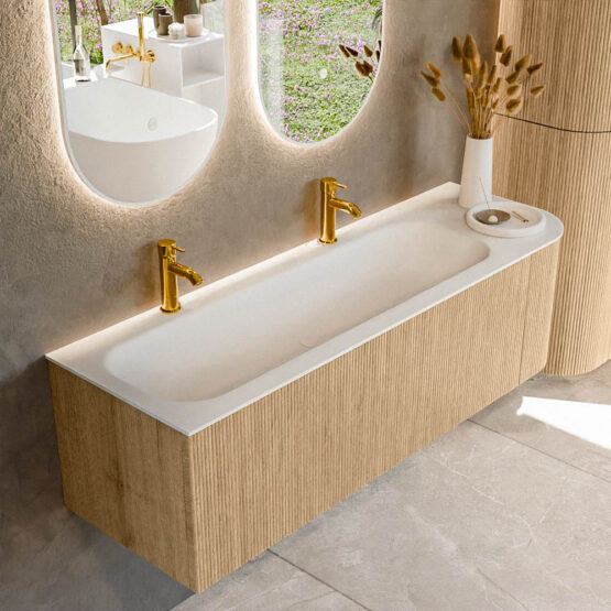 MONDIAZ KURVE 145cm mueble de baño curva Derecha color Oak con 1 cajón y 1 puerta. Lavabo BIG LARGE Izquierda 2 orificios Talc.