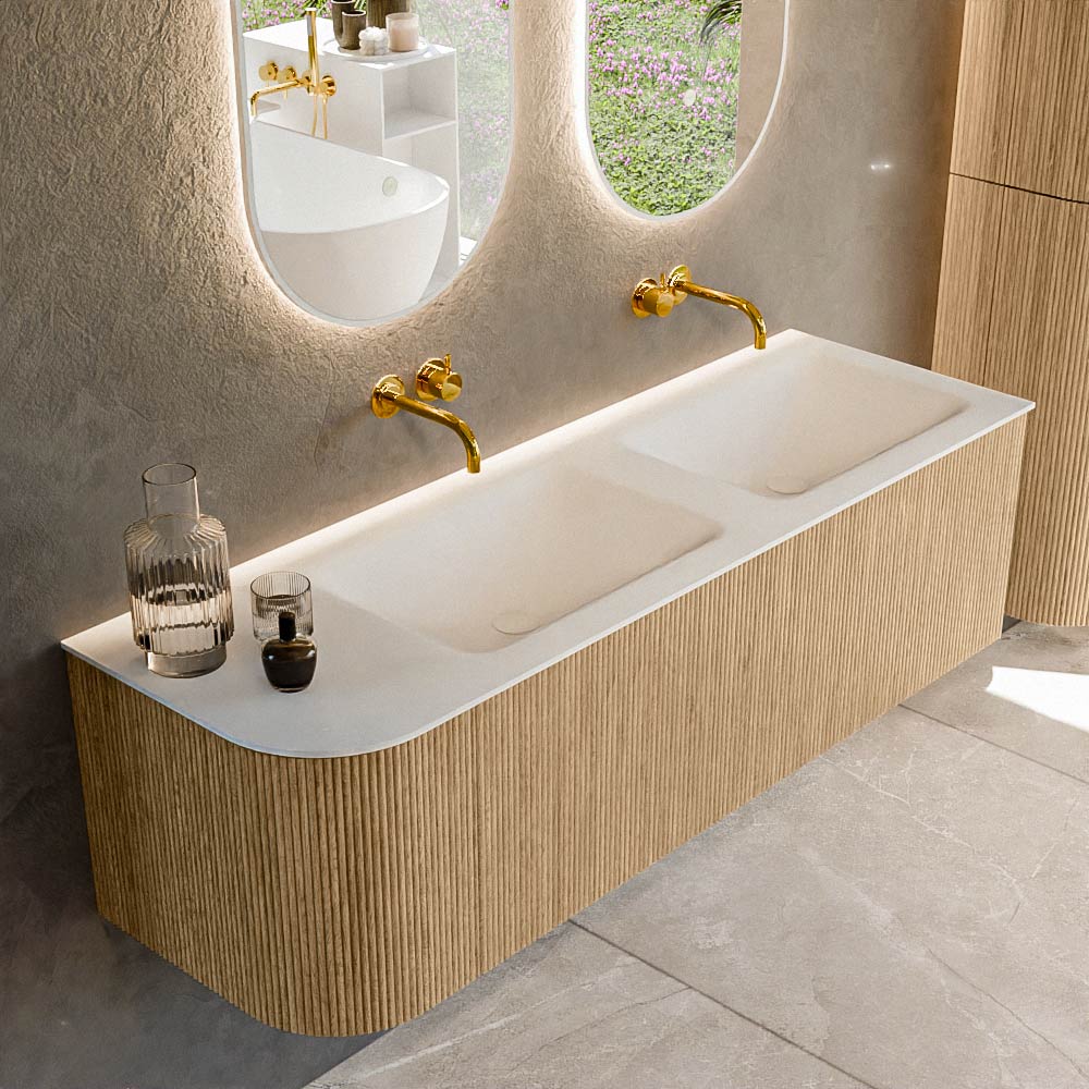 MONDIAZ KURVE 145cm mueble de baño curva Izquierda color Oak con 1 cajón y 1 puerta. Lavabo CLOUD Doble / Derecho sin orificio Talc. 1 MONDIAZ KURVE 145cm mueble de baño curva Izquierda color Oak con 1 cajón y 1 puerta. Lavabo CLOUD Doble / Derecho sin orificio Talc.