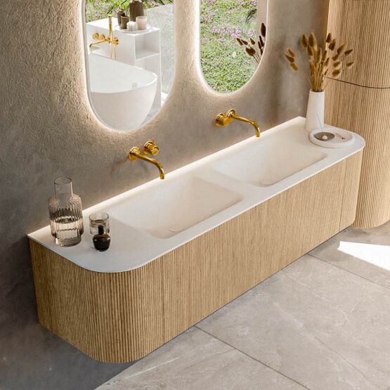 MONDIAZ KURVE 170cm mueble de baño curva Izquierda + Derecha color Oak con 1 cajón y 2 puertas. Lavabo CLOUD Doble sin orificio Talc.