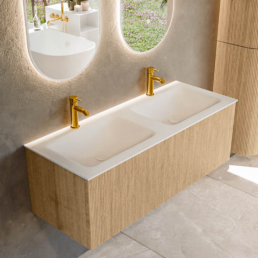 MONDIAZ KURVE 120cm mueble de baño color Oak con 1 cajón y sin puerta. Lavabo CLOUD Doble 2 orificios Talc. 1 MONDIAZ KURVE 120cm mueble de baño color Oak con 1 cajón y sin puerta. Lavabo CLOUD Doble 2 orificios Talc.