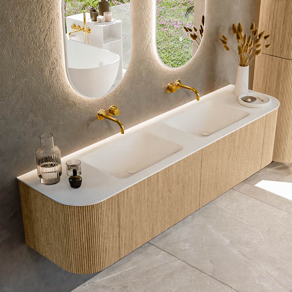MONDIAZ KURVE 180cm mueble de baño curva Izquierda + Derecha color Oak con 2 cajones y 2 puertas. Lavabo CLOUD Doble sin orificio Talc. 1 MONDIAZ KURVE 180cm mueble de baño curva Izquierda + Derecha color Oak con 2 cajones y 2 puertas. Lavabo CLOUD Doble sin orificio Talc.