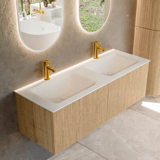MONDIAZ KURVE 130cm mueble de baño  color Oak con 2 cajones y sin puerta. Lavabo CLOUD Doble 2 orificios Talc.