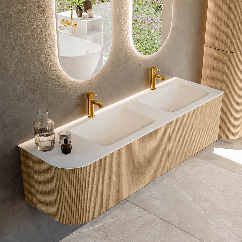 MONDIAZ KURVE 155cm mueble de baño curva Izquierda color Oak con 2 cajones y 1 puerta. Lavabo CLOUD Doble / Derecho 2 orificios Talc. 1 MONDIAZ KURVE 155cm mueble de baño curva Izquierda color Oak con 2 cajones y 1 puerta. Lavabo CLOUD Doble / Derecho 2 orificios Talc.