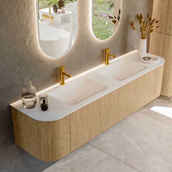 MONDIAZ KURVE 180cm mueble de baño curva Izquierda + Derecha color Oak con 2 cajones y 2 puertas. Lavabo CLOUD Doble 2 orificios Talc.