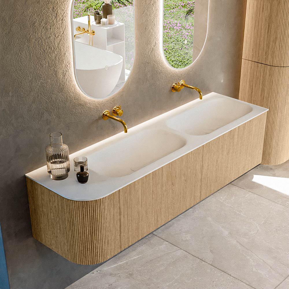 MONDIAZ KURVE 165cm mueble de baño curva Izquierda color Oak con 2 cajones y 1 puerta. Lavabo BIG SMALL Doble / Derecho sin orificio Talc. 1 MONDIAZ KURVE 165cm mueble de baño curva Izquierda color Oak con 2 cajones y 1 puerta. Lavabo BIG SMALL Doble / Derecho sin orificio Talc.