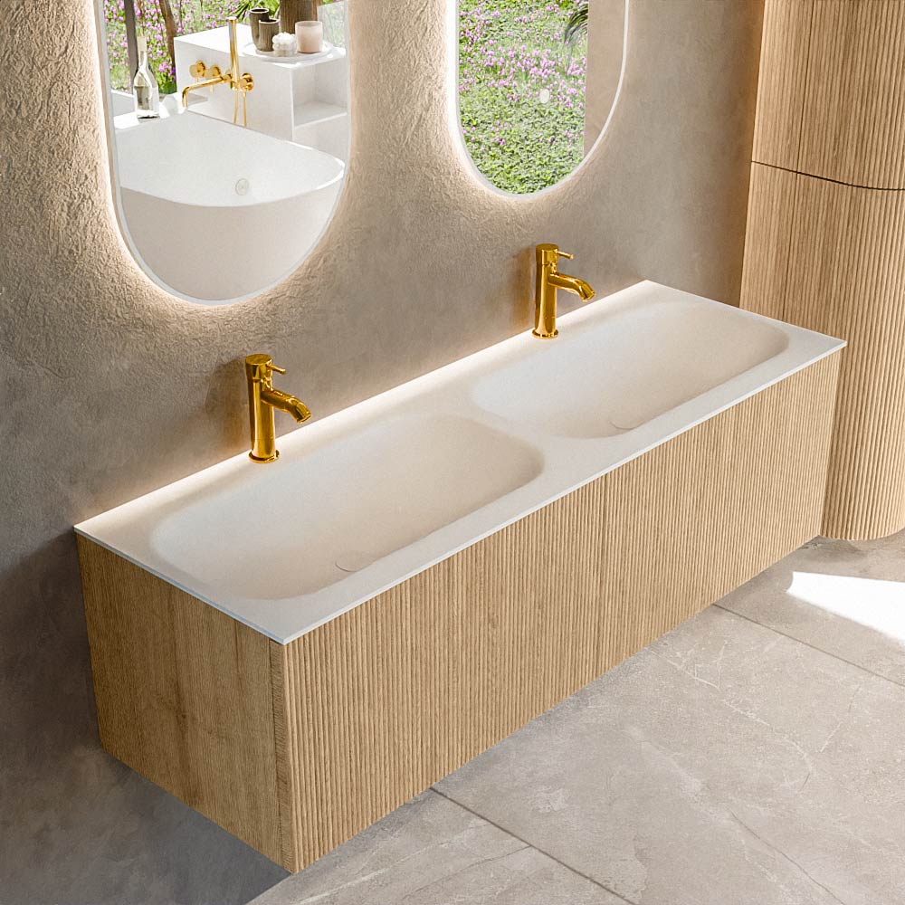 MONDIAZ KURVE 140cm mueble de baño color Oak con 2 cajones y sin puerta. Lavabo BIG SMALL Doble 2 orificios Talc. 1 MONDIAZ KURVE 140cm mueble de baño color Oak con 2 cajones y sin puerta. Lavabo BIG SMALL Doble 2 orificios Talc.