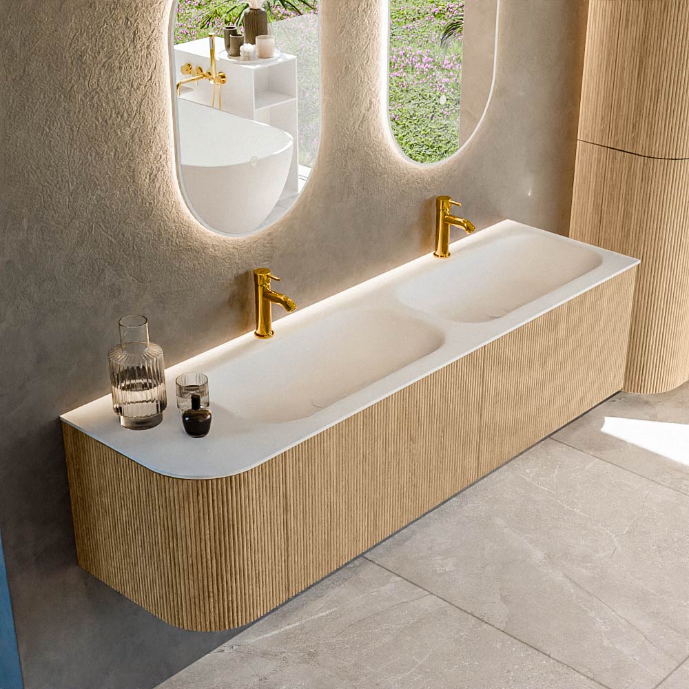MONDIAZ KURVE 165cm mueble de baño curva Izquierda color Oak con 2 cajones y 1 puerta. Lavabo BIG SMALL Doble / Derecho 2 orificios Talc. 1 MONDIAZ KURVE 165cm mueble de baño curva Izquierda color Oak con 2 cajones y 1 puerta. Lavabo BIG SMALL Doble / Derecho 2 orificios Talc.