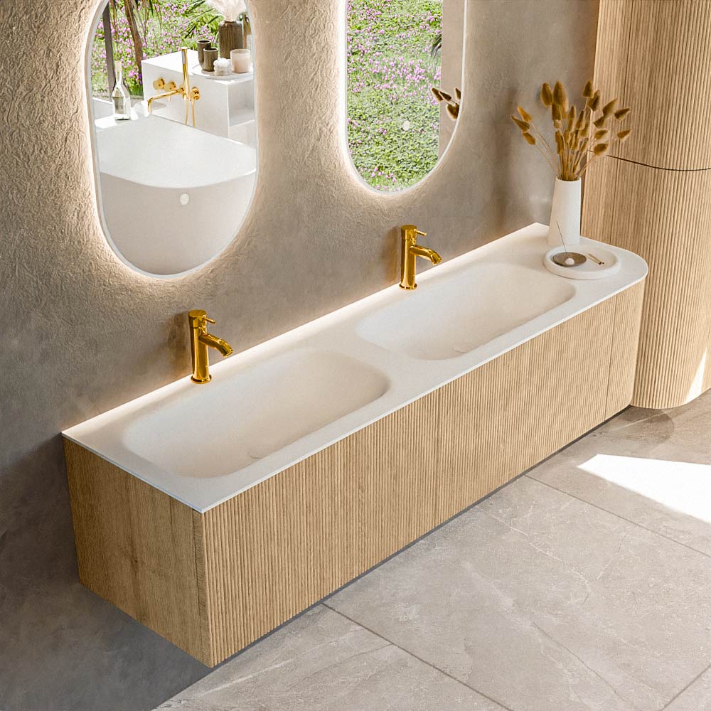 MONDIAZ KURVE 175cm mueble de baño curva Derecha color Oak con 2 cajones y 1 puerta. Lavabo BIG SMALL Doble / Izquierda 2 orificios Talc. 1 MONDIAZ KURVE 175cm mueble de baño curva Derecha color Oak con 2 cajones y 1 puerta. Lavabo BIG SMALL Doble / Izquierda 2 orificios Talc.