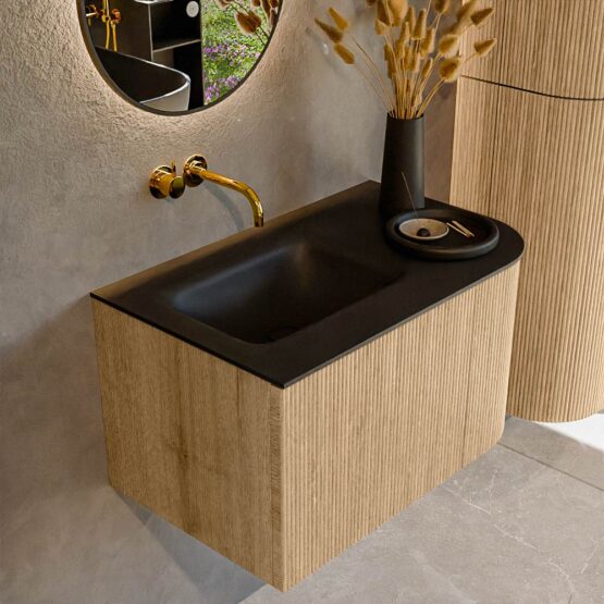 MONDIAZ KURVE 75cm mueble de baño curva Derecha color Oak con 1 cajón y 1 puerta. Lavabo GRUNNE Izquierda sin orificio Urban.