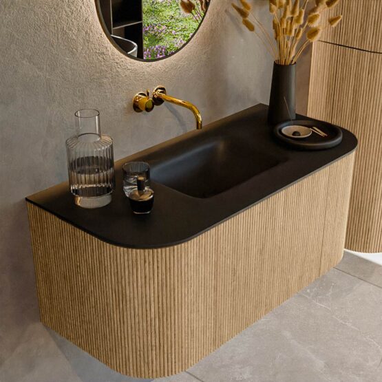 MONDIAZ KURVE 100cm mueble de baño curva Izquierda + Derecha color Oak con 1 cajón y 2 puertas. Lavabo GRUNNE Centro sin orificio Urban.