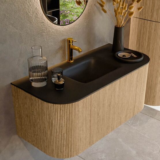 MONDIAZ KURVE 100cm mueble de baño curva Izquierda + Derecha color Oak con 1 cajón y 2 puertas. Lavabo GRUNNE Centro 1 orificio Urban.