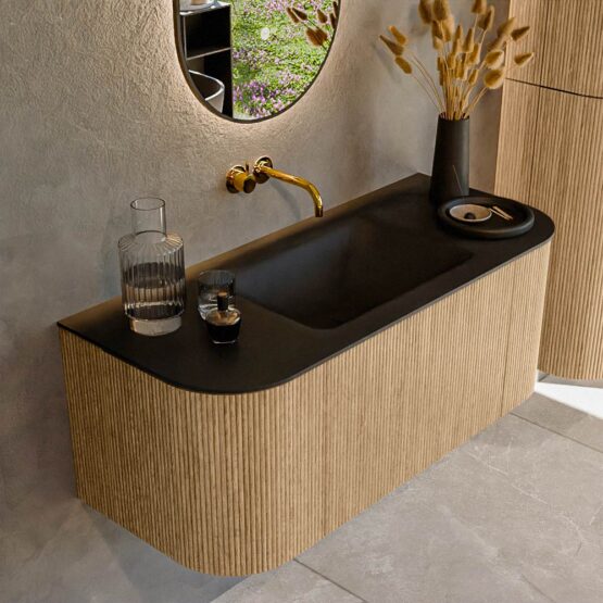 MONDIAZ KURVE 110cm mueble de baño curva Izquierda + Derecha color Oak con 1 cajón y 2 puertas. Lavabo CLOUD Centro sin orificio Urban.