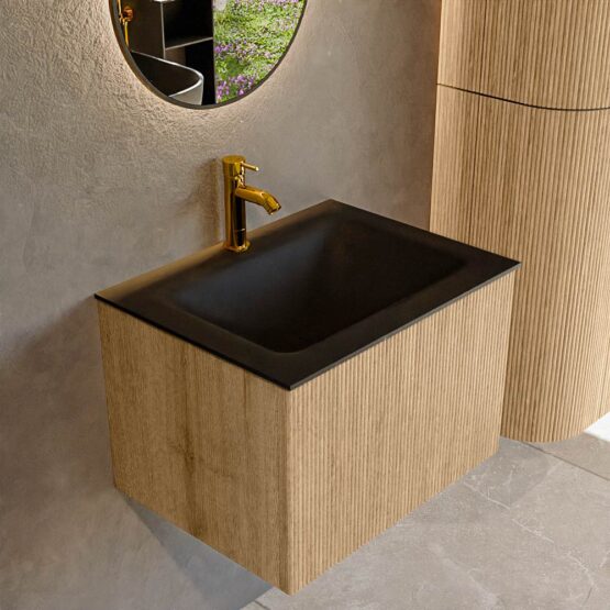 MONDIAZ KURVE 60cm mueble de baño  color Oak con 1 cajón y sin puerta. Lavabo CLOUD Centro 1 orificio Urban.