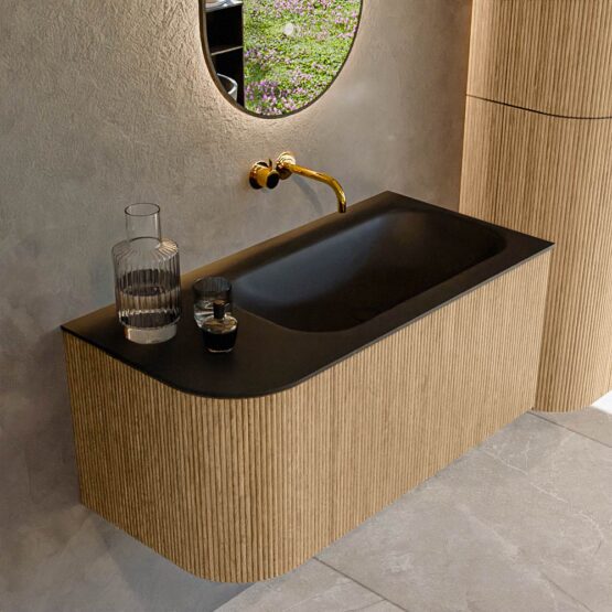 MONDIAZ KURVE 95cm mueble de baño curva Izquierda color Oak con 1 cajón y 1 puerta. Lavabo BIG SMALL Derecho sin orificio Urban.