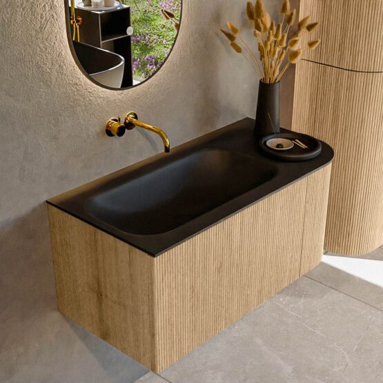 MONDIAZ KURVE 95cm mueble de baño curva Derecha color Oak con 1 cajón y 1 puerta. Lavabo BIG SMALL Izquierda sin orificio Urban.