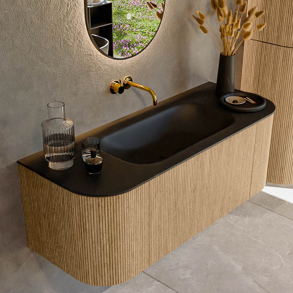 MONDIAZ KURVE 120cm mueble de baño curva Izquierda + Derecha color Oak con 1 cajón y 2 puertas. Lavabo BIG SMALL Centro sin orificio Urban. 1 MONDIAZ KURVE 120cm mueble de baño curva Izquierda + Derecha color Oak con 1 cajón y 2 puertas. Lavabo BIG SMALL Centro sin orificio Urban.