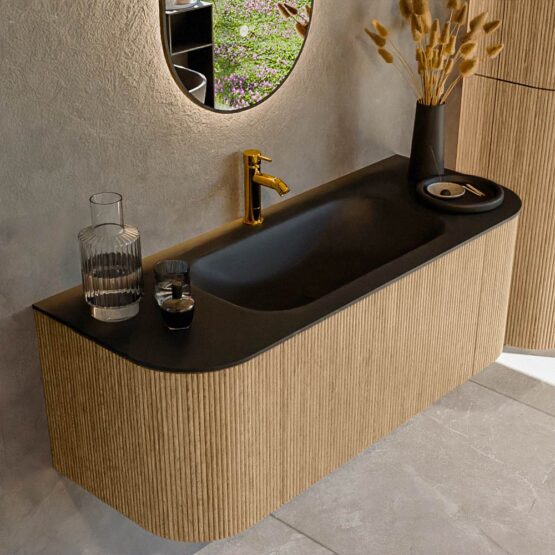 MONDIAZ KURVE 120cm mueble de baño curva Izquierda + Derecha color Oak con 1 cajón y 2 puertas. Lavabo BIG SMALL Centro 1 orificio Urban.