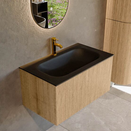 MONDIAZ KURVE 80cm mueble de baño  color Oak con 1 cajón y sin puerta. Lavabo BIG SMALL Centro 1 orificio Urban.