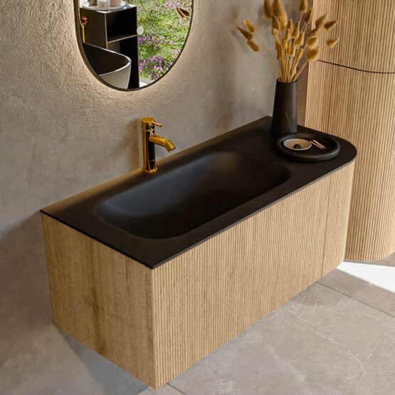 MONDIAZ KURVE 105cm mueble de baño curva Derecha color Oak con 1 cajón y 1 puerta. Lavabo BIG SMALL Izquierda 1 orificio Urban.