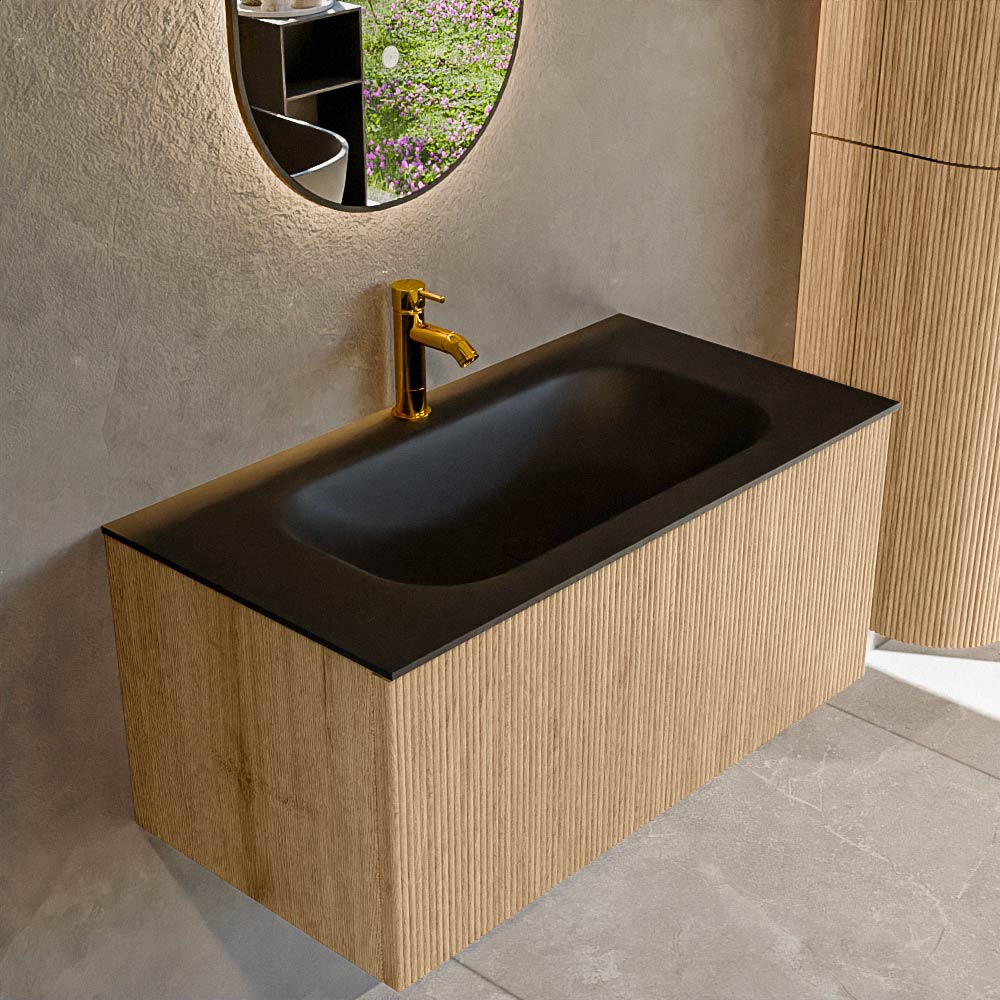 MONDIAZ KURVE 90cm mueble de baño color Oak con 1 cajón y sin puerta. Lavabo BIG SMALL Centro 1 orificio Urban. 1 MONDIAZ KURVE 90cm mueble de baño color Oak con 1 cajón y sin puerta. Lavabo BIG SMALL Centro 1 orificio Urban.