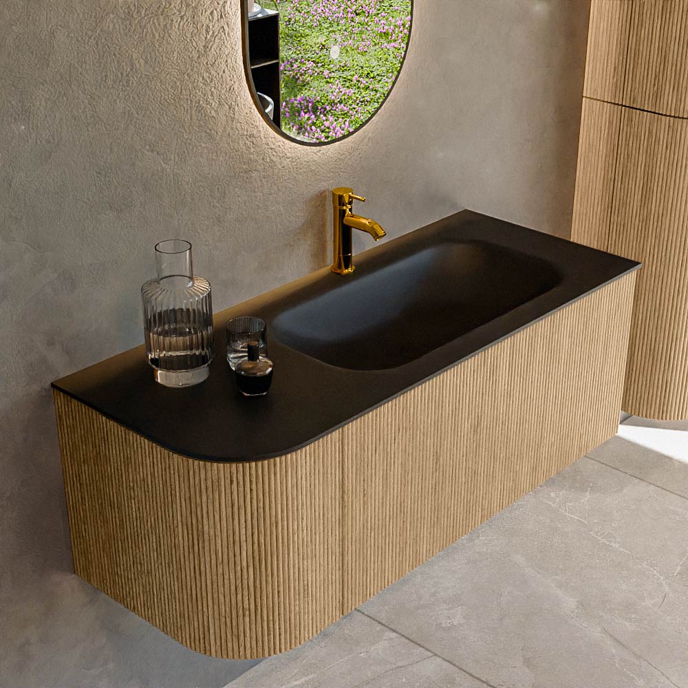 MONDIAZ KURVE 115cm mueble de baño curva Izquierda color Oak con 1 cajón y 1 puerta. Lavabo BIG SMALL Derecho 1 orificio Urban. 1 MONDIAZ KURVE 115cm mueble de baño curva Izquierda color Oak con 1 cajón y 1 puerta. Lavabo BIG SMALL Derecho 1 orificio Urban.