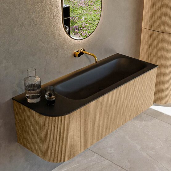 MONDIAZ KURVE 125cm mueble de baño curva Izquierda color Oak con 1 cajón y 1 puerta. Lavabo BIG MEDIUM Derecho sin orificio Urban.
