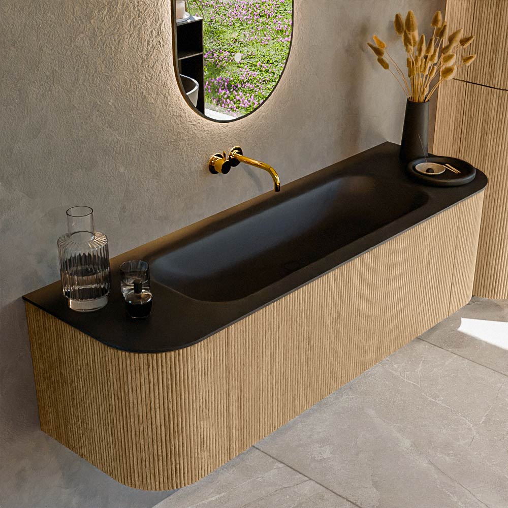 MONDIAZ KURVE 150cm mueble de baño curva Izquierda + Derecha color Oak con 1 cajón y 2 puertas. Lavabo BIG MEDIUM Centro sin orificio Urban. 1 MONDIAZ KURVE 150cm mueble de baño curva Izquierda + Derecha color Oak con 1 cajón y 2 puertas. Lavabo BIG MEDIUM Centro sin orificio Urban.