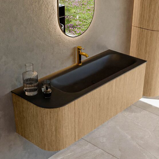 MONDIAZ KURVE 125cm mueble de baño curva Izquierda color Oak con 1 cajón y 1 puerta. Lavabo BIG MEDIUM Derecho 1 orificio Urban.