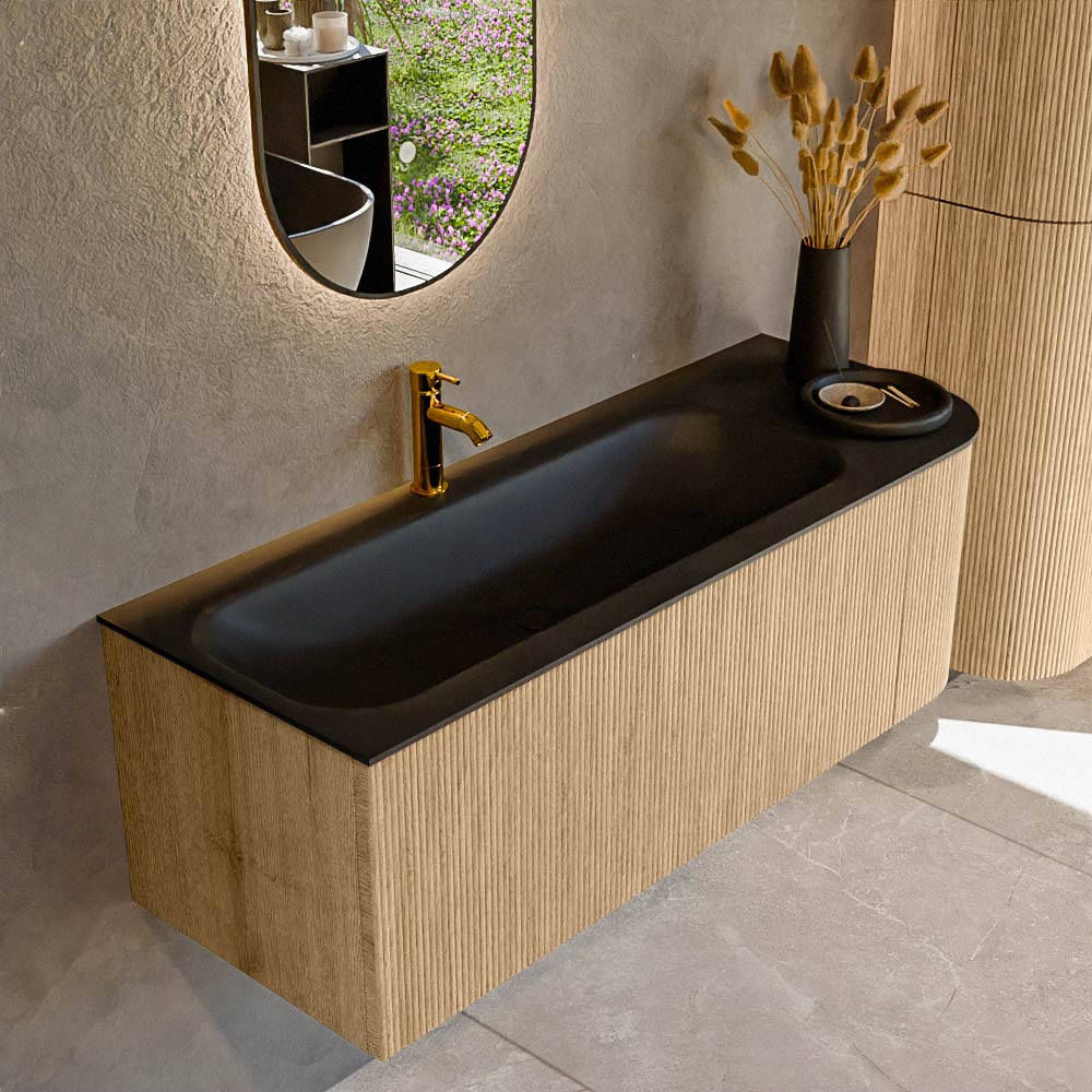 MONDIAZ KURVE 125cm mueble de baño curva Derecha color Oak con 1 cajón y 1 puerta. Lavabo BIG MEDIUM Izquierda 1 orificio Urban. 1 MONDIAZ KURVE 125cm mueble de baño curva Derecha color Oak con 1 cajón y 1 puerta. Lavabo BIG MEDIUM Izquierda 1 orificio Urban.
