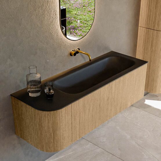 MONDIAZ KURVE 135cm mueble de baño curva Izquierda color Oak con 1 cajón y 1 puerta. Lavabo BIG MEDIUM Derecho sin orificio Urban.