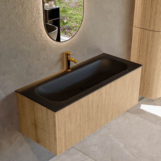 MONDIAZ KURVE 110cm mueble de baño  color Oak con 1 cajón y sin puerta. Lavabo BIG MEDIUM Centro 1 orificio Urban.