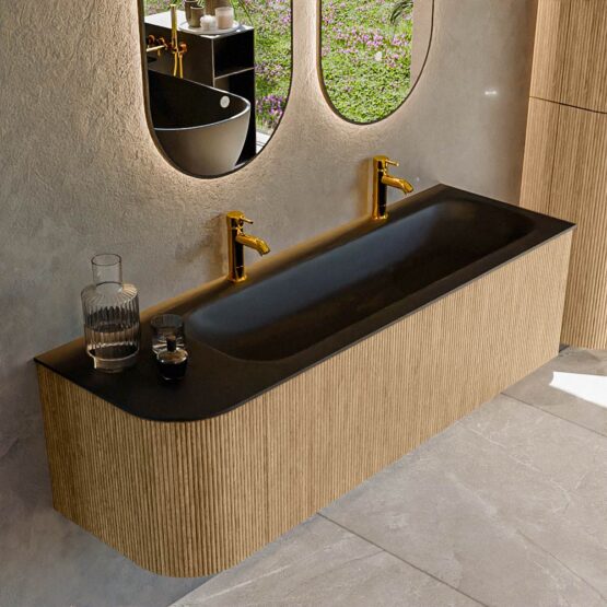 MONDIAZ KURVE 145cm mueble de baño curva Izquierda color Oak con 1 cajón y 1 puerta. Lavabo BIG LARGE Derecho 2 orificios Urban.