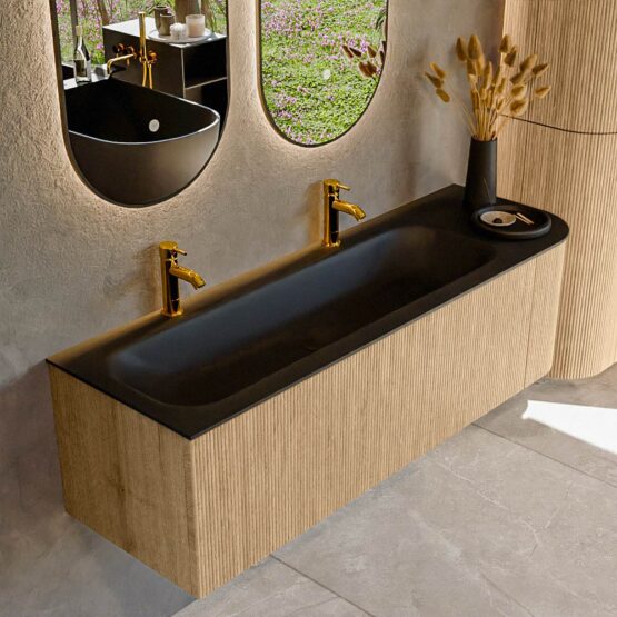 MONDIAZ KURVE 145cm mueble de baño curva Derecha color Oak con 1 cajón y 1 puerta. Lavabo BIG LARGE Izquierda 2 orificios Urban.