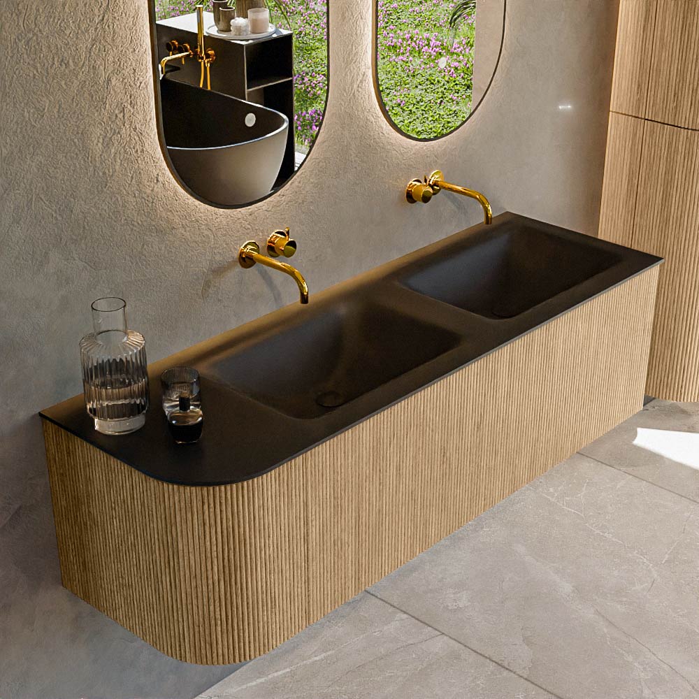 MONDIAZ KURVE 145cm mueble de baño curva Izquierda color Oak con 1 cajón y 1 puerta. Lavabo CLOUD Doble / Derecho sin orificio Urban. 1 MONDIAZ KURVE 145cm mueble de baño curva Izquierda color Oak con 1 cajón y 1 puerta. Lavabo CLOUD Doble / Derecho sin orificio Urban.