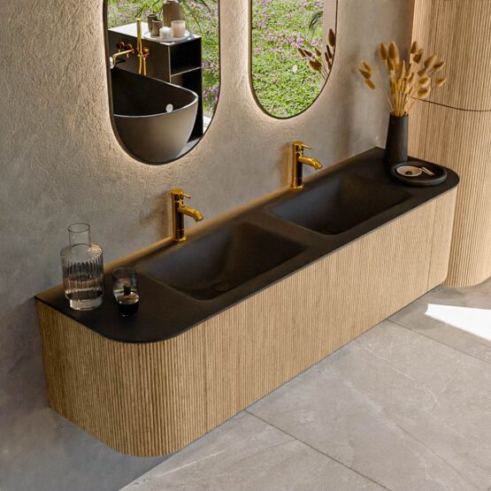 MONDIAZ KURVE 170cm mueble de baño curva Izquierda + Derecha color Oak con 1 cajón y 2 puertas. Lavabo CLOUD Doble 2 orificios Urban.