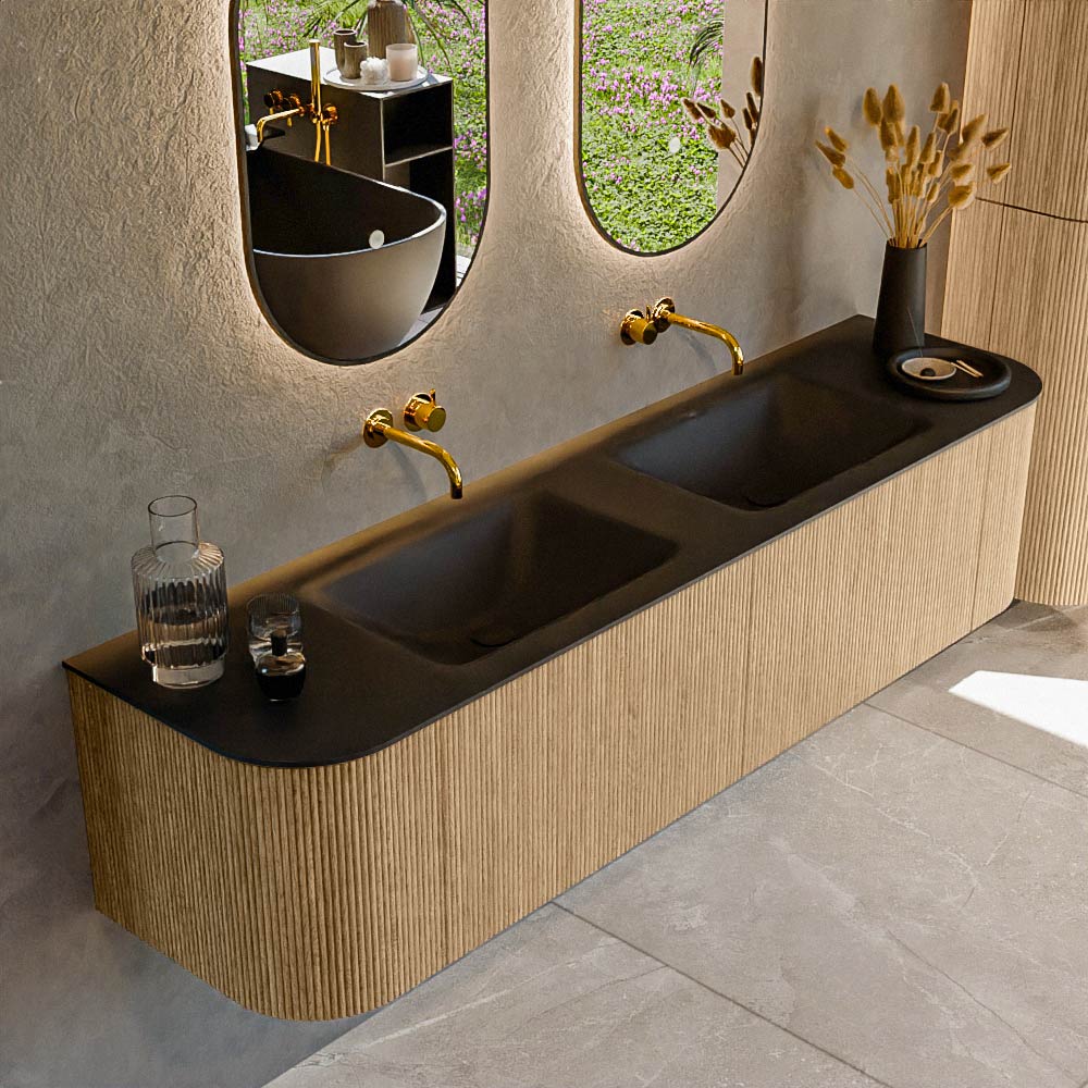 MONDIAZ KURVE 180cm mueble de baño curva Izquierda + Derecha color Oak con 2 cajones y 2 puertas. Lavabo CLOUD Doble sin orificio Urban. 1 MONDIAZ KURVE 180cm mueble de baño curva Izquierda + Derecha color Oak con 2 cajones y 2 puertas. Lavabo CLOUD Doble sin orificio Urban.
