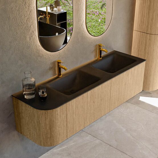 MONDIAZ KURVE 155cm mueble de baño curva Izquierda color Oak con 2 cajones y 1 puerta. Lavabo CLOUD Doble / Derecho 2 orificios Urban.