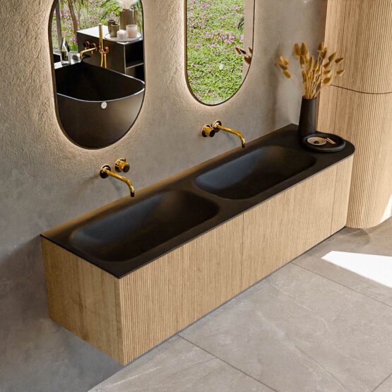 MONDIAZ KURVE 165cm mueble de baño curva Derecha color Oak con 2 cajones y 1 puerta. Lavabo BIG SMALL Doble / Izquierda sin orificio Urban.