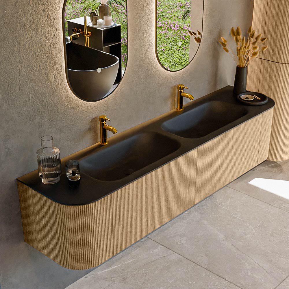 MONDIAZ KURVE 190cm mueble de baño curva Izquierda + Derecha color Oak con 2 cajones y 2 puertas. Lavabo BIG SMALL Doble 2 orificios Urban. 1 MONDIAZ KURVE 190cm mueble de baño curva Izquierda + Derecha color Oak con 2 cajones y 2 puertas. Lavabo BIG SMALL Doble 2 orificios Urban.