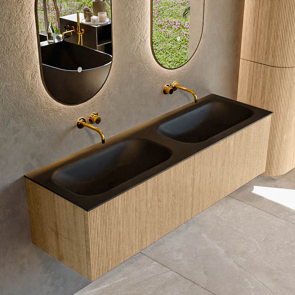MONDIAZ KURVE 150cm mueble de baño color Oak con 2 cajones y sin puerta. Lavabo BIG SMALL Doble sin orificio Urban. 1 MONDIAZ KURVE 150cm mueble de baño color Oak con 2 cajones y sin puerta. Lavabo BIG SMALL Doble sin orificio Urban.