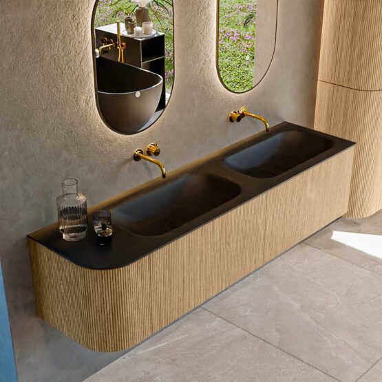 MONDIAZ KURVE 175cm mueble de baño curva Izquierda color Oak con 2 cajones y 1 puerta. Lavabo BIG SMALL Doble / Derecho sin orificio Urban.